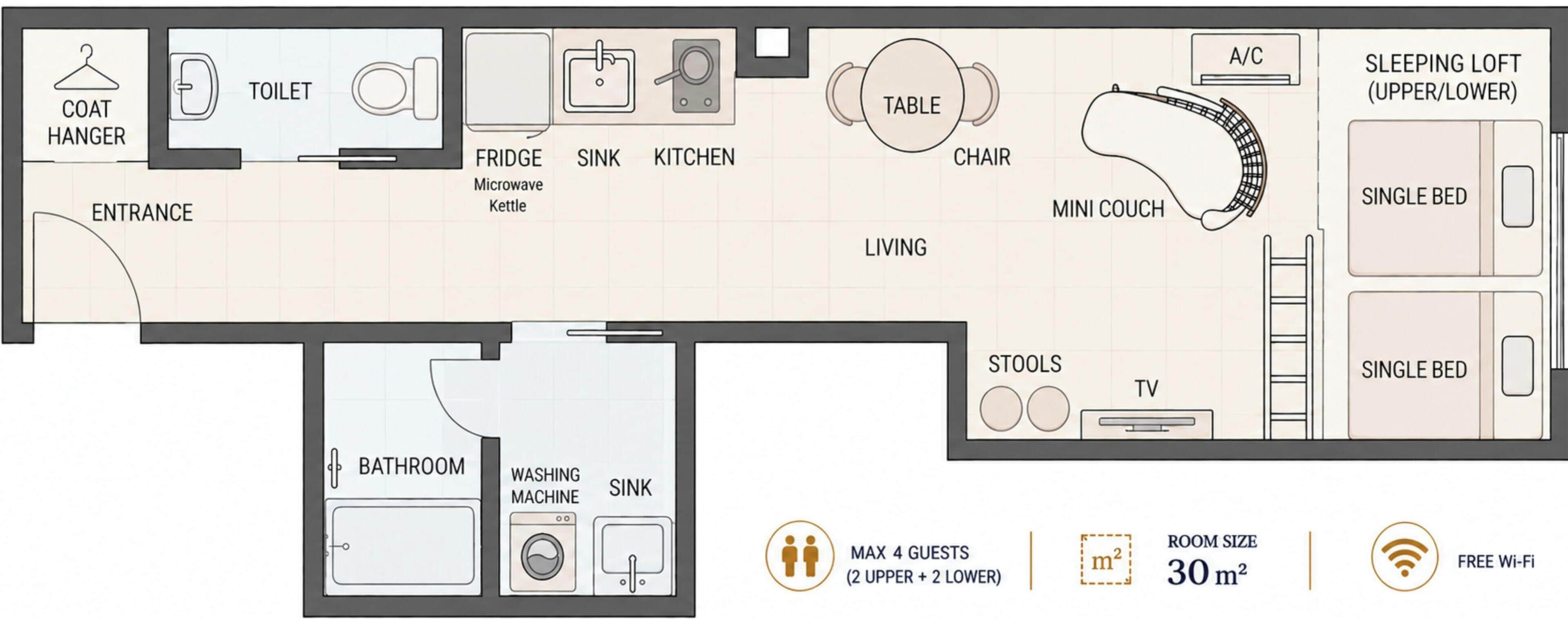 Distribución de una habitación de hotel con una cama individual, un pequeño sofá, una mesa, una silla y un área de estar con televisor.