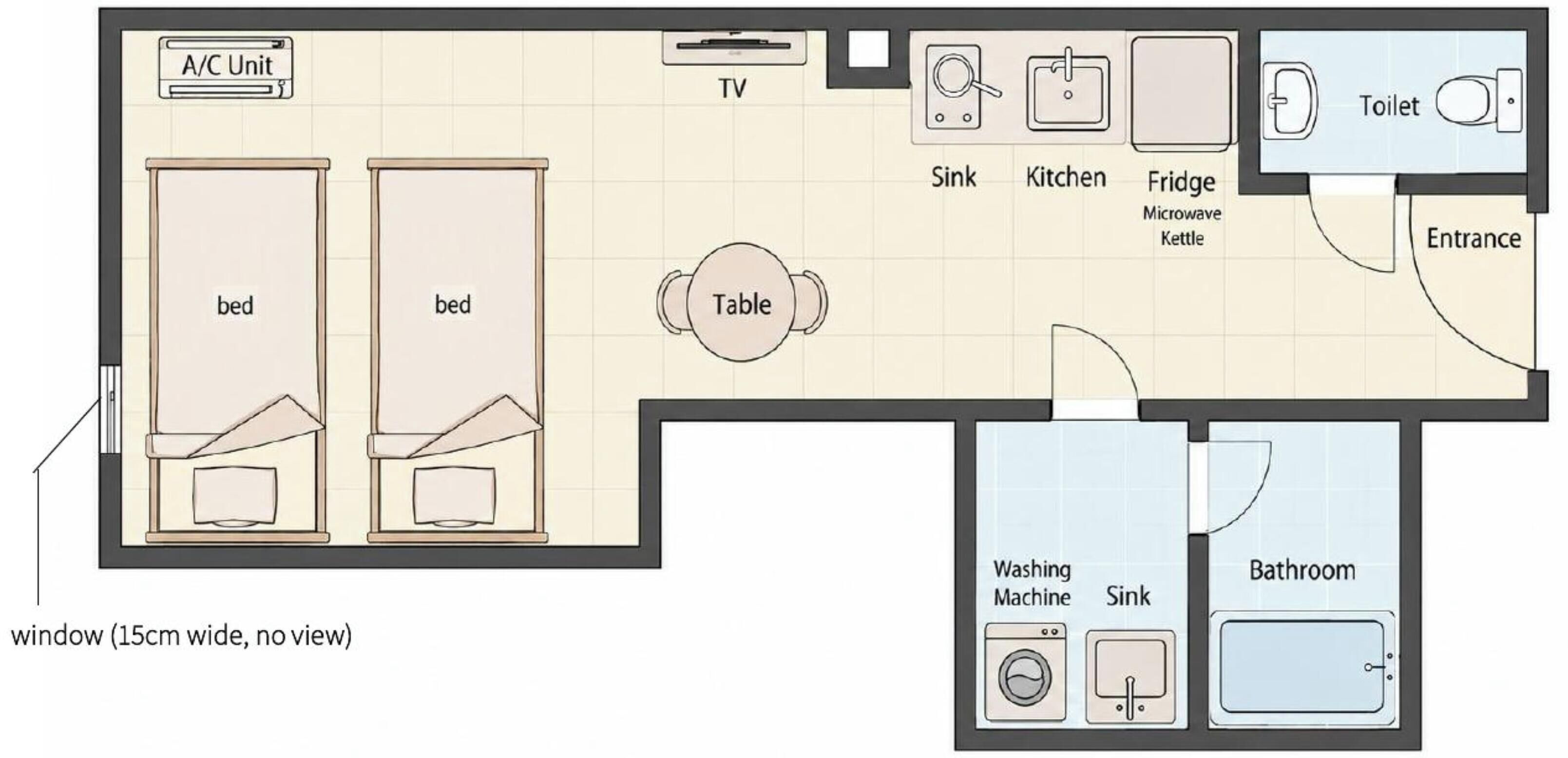 A floor plan with two beds, a TV, a table, a sink, a kitchen, a fridge, a washing machine, a bathroom, and an entrance.