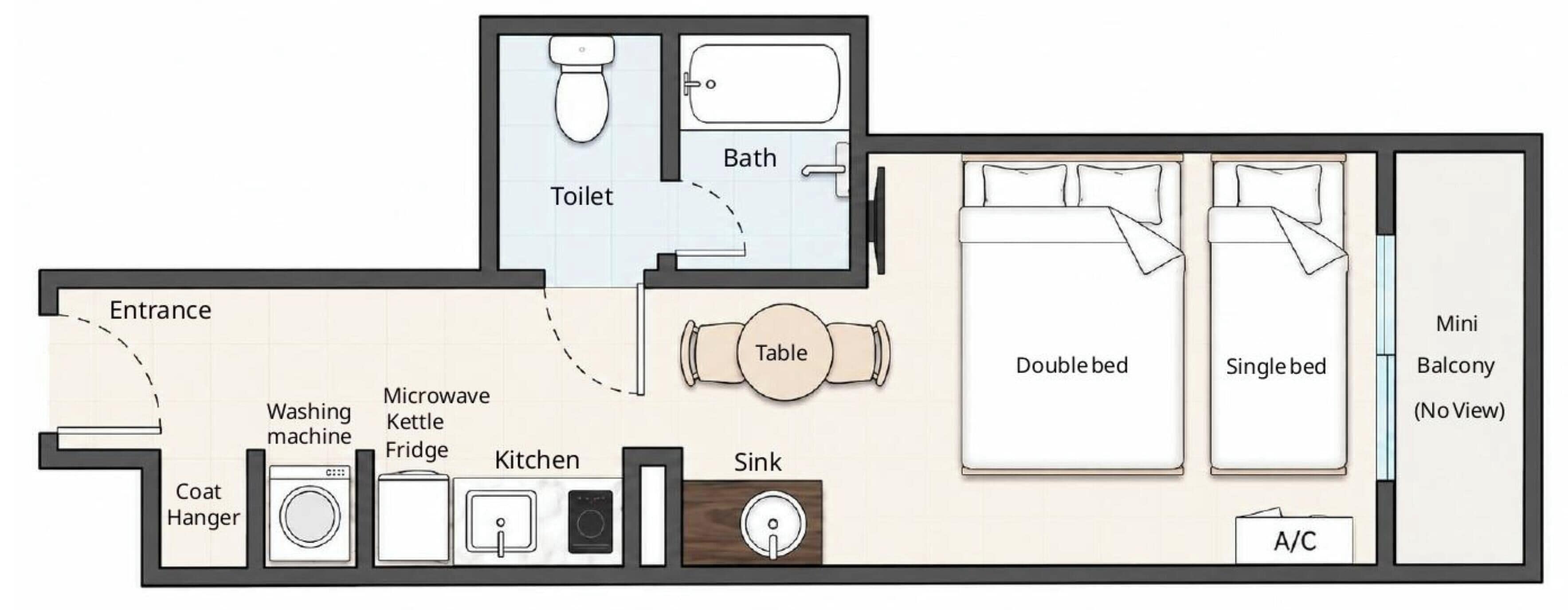 Une chambre d’hôtel comprenant un lit double, un lit simple, un petit balcon, un porte-manteau, un lave-linge, un four à micro-ondes, une bouilloire, un réfrigérateur, un évier et une table.