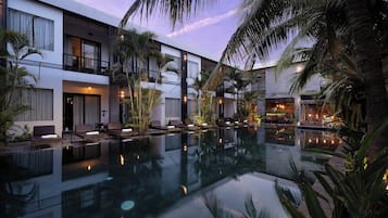 Outdoor pool, pool umbrellas, pool loungers