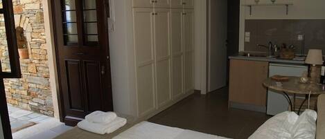 A bedroom with a bed, a bathroom with a shower, and a kitchenette.