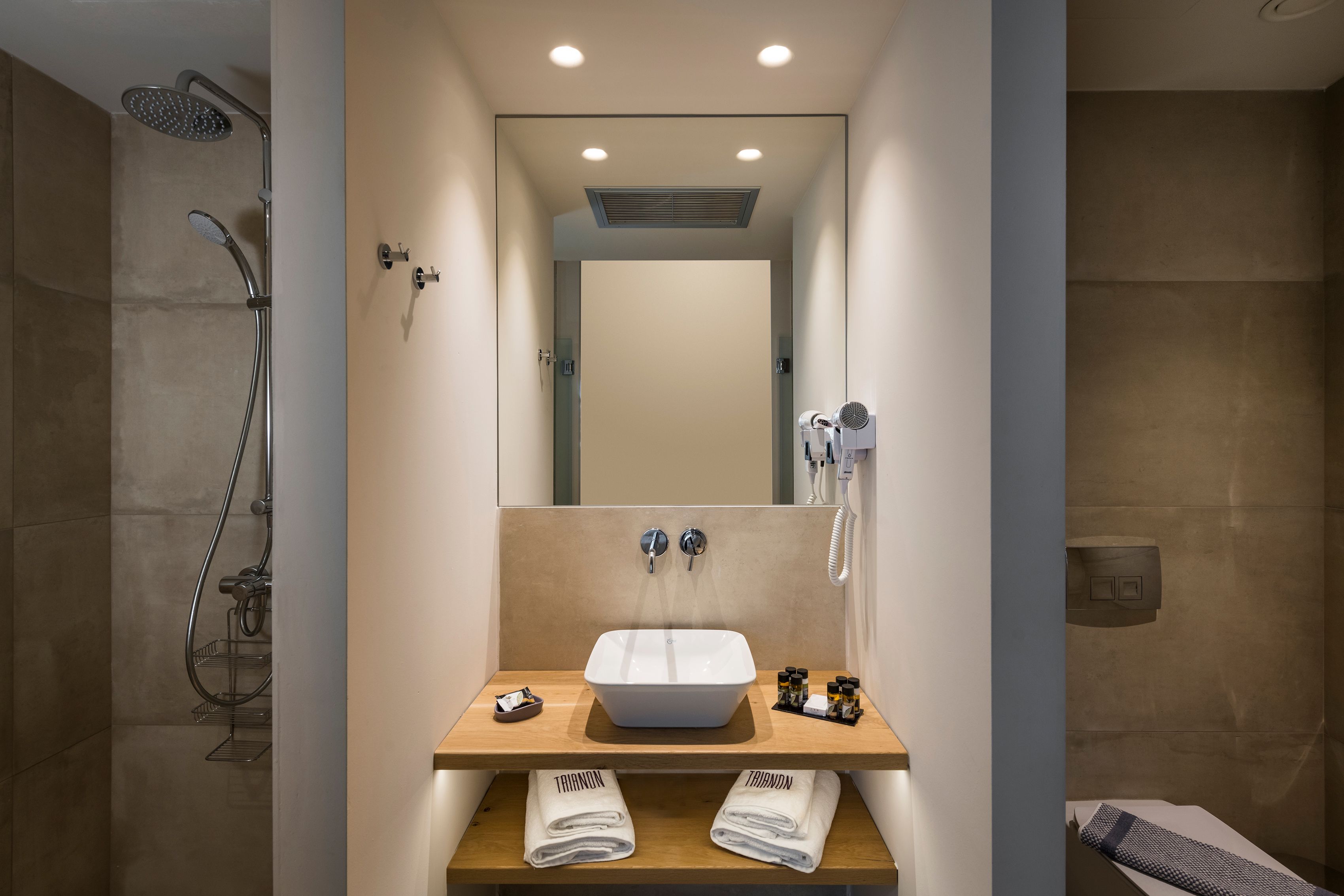 A modern bathroom with a large mirror, a sink with two faucets, a handheld showerhead, and a towel rack.