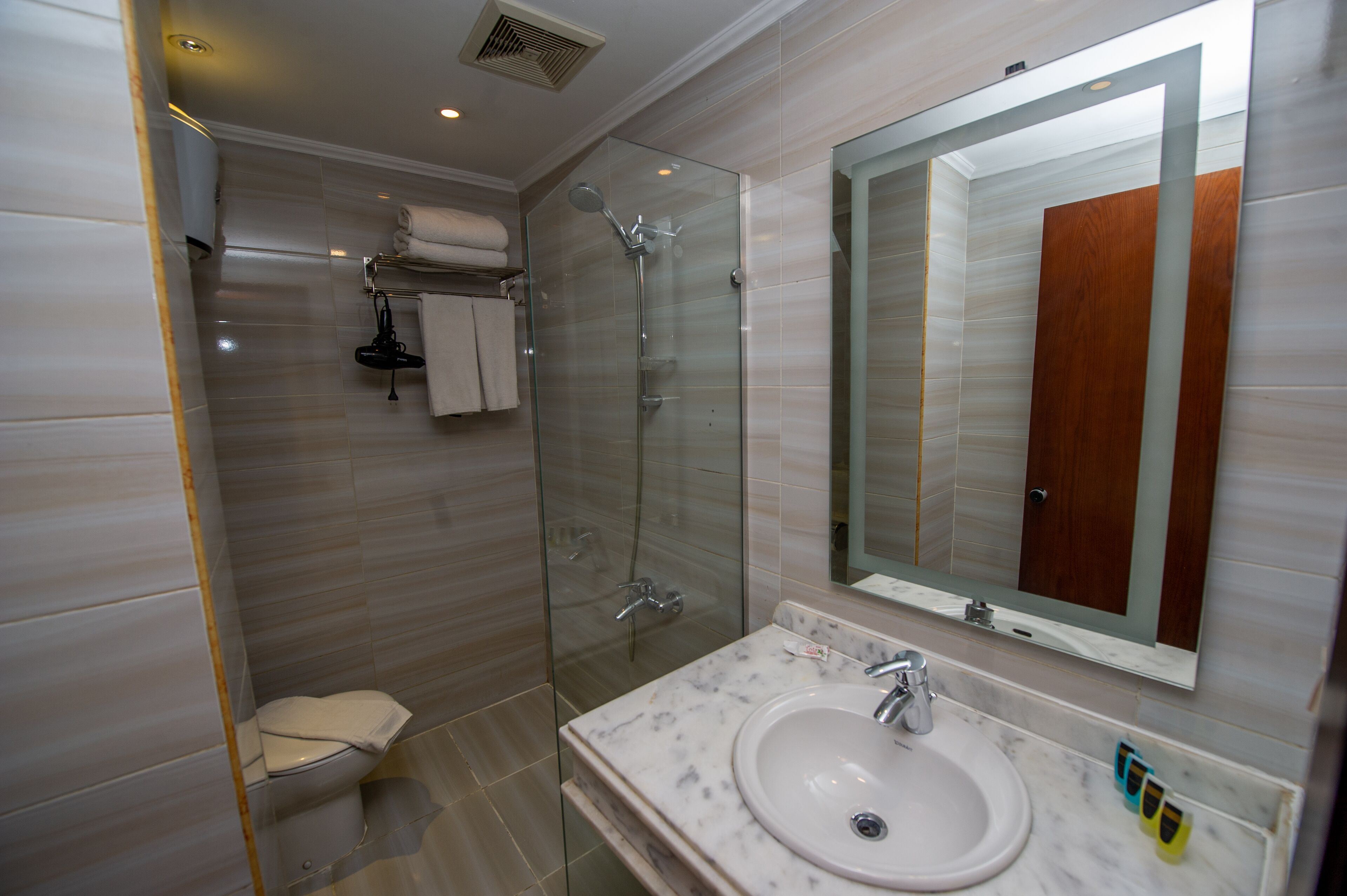 shower, free toiletries, bidet, towels