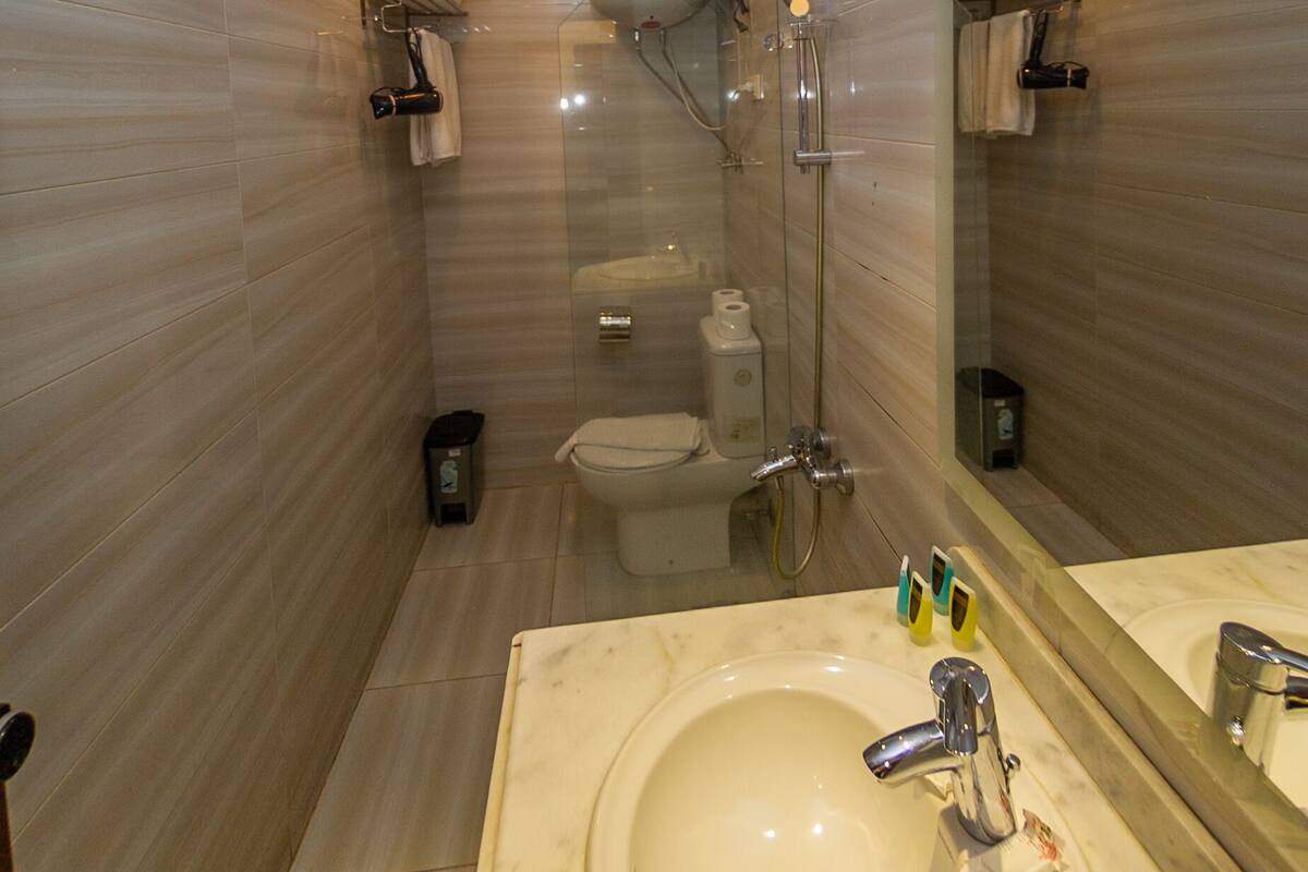 shower, free toiletries, bidet, towels