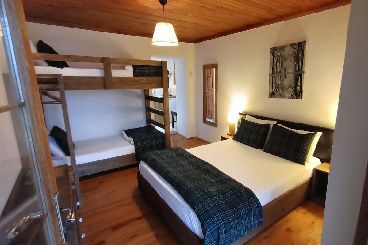 Una habitación con literas, una cama individual, suelo de madera, un cuadro en la pared y una lámpara en el techo.
