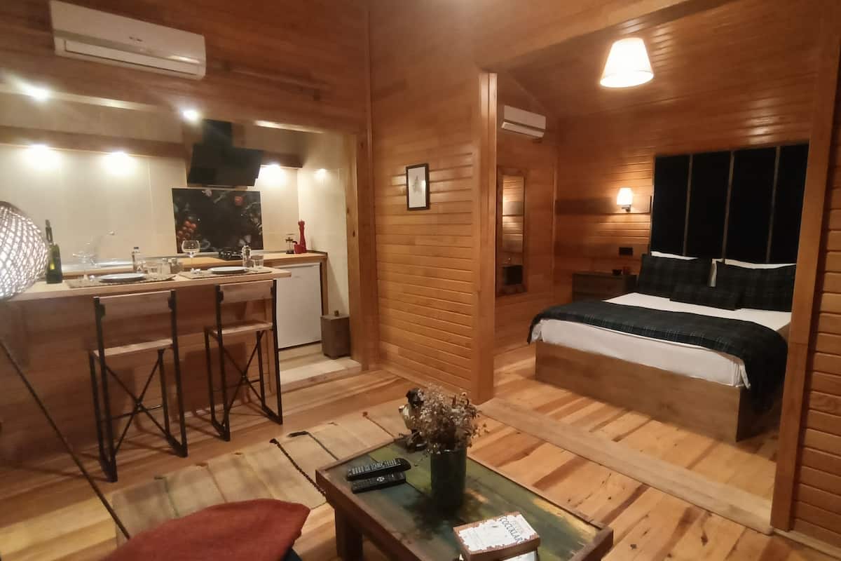Habitación compacta con kitchenette, cama y una pequeña zona de estar.