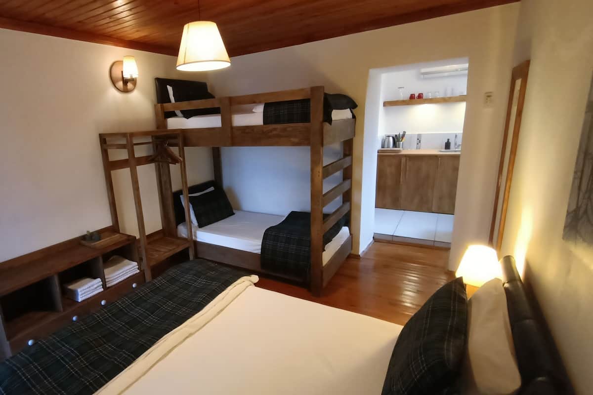 Habitación con literas, techo de madera, un escritorio pequeño y una kitchenette al fondo.