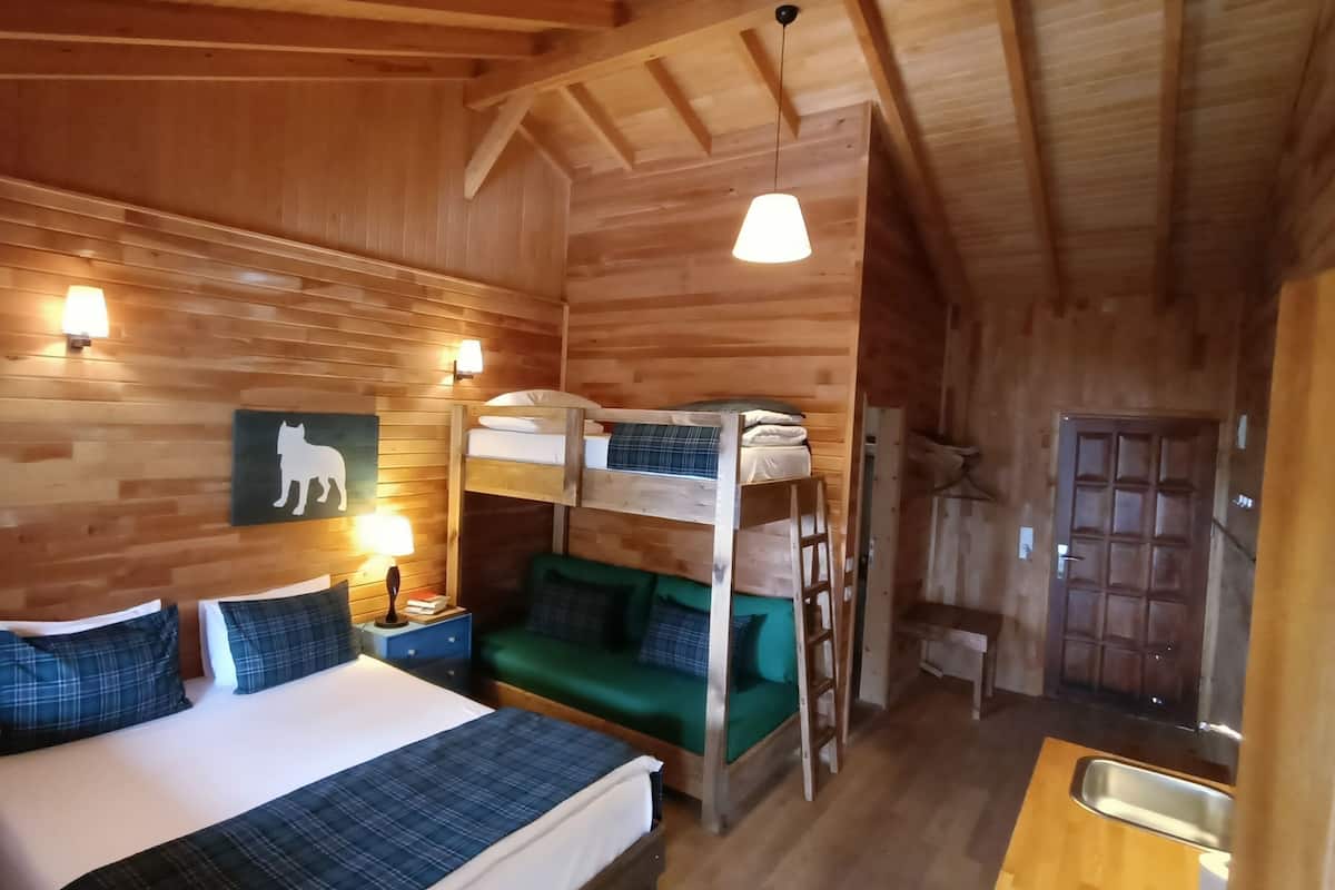 Habitación de cabaña de madera con literas, un sofá verde, techo de madera y una lámpara fijada a la pared.