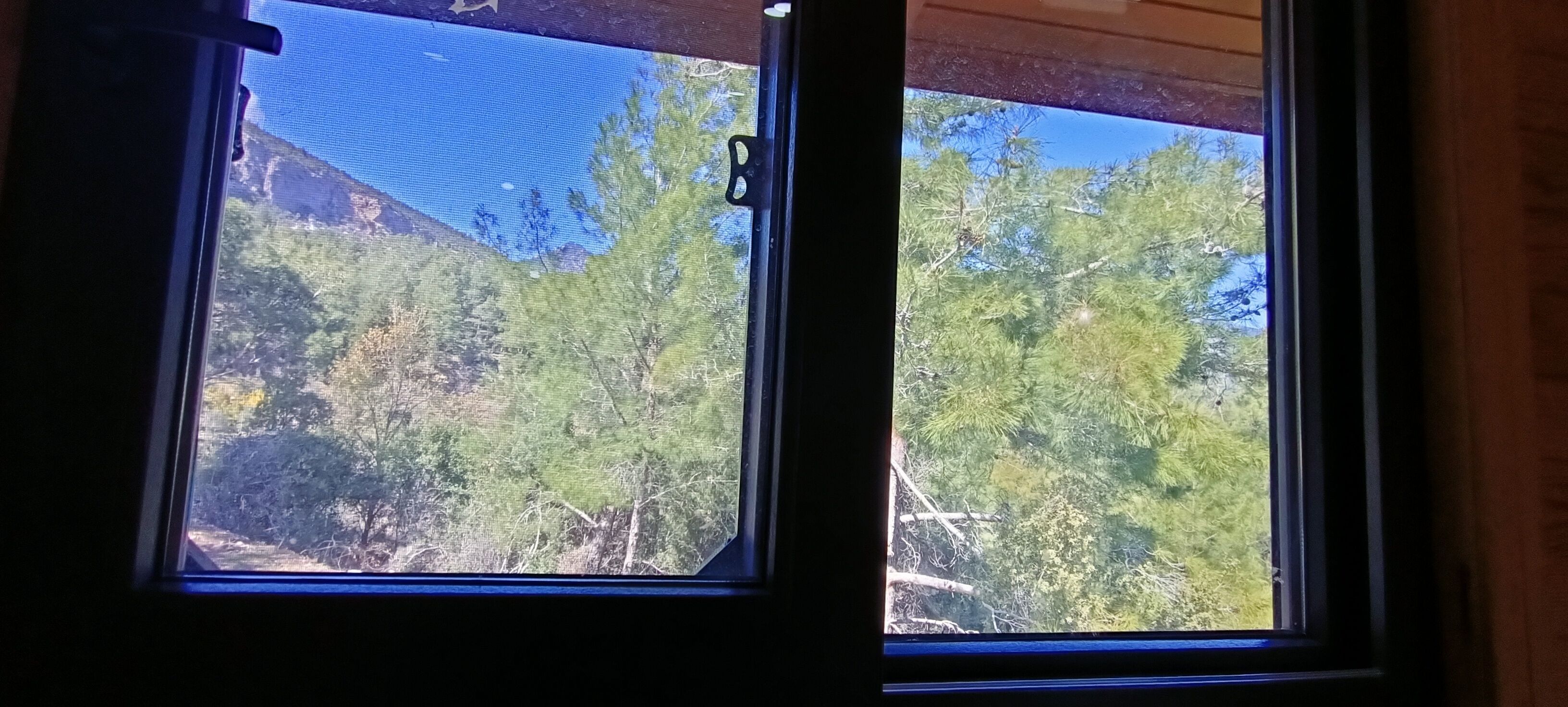 Una ventana con vistas a un paisaje montañoso y árboles.