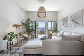 Luxury Villa, 3 Bedrooms, Hot Tub, Sea View (Caldera View) | Living area | 32-inch flat-screen TV with satellite channels, TV - Caldera Houses (Santorini)