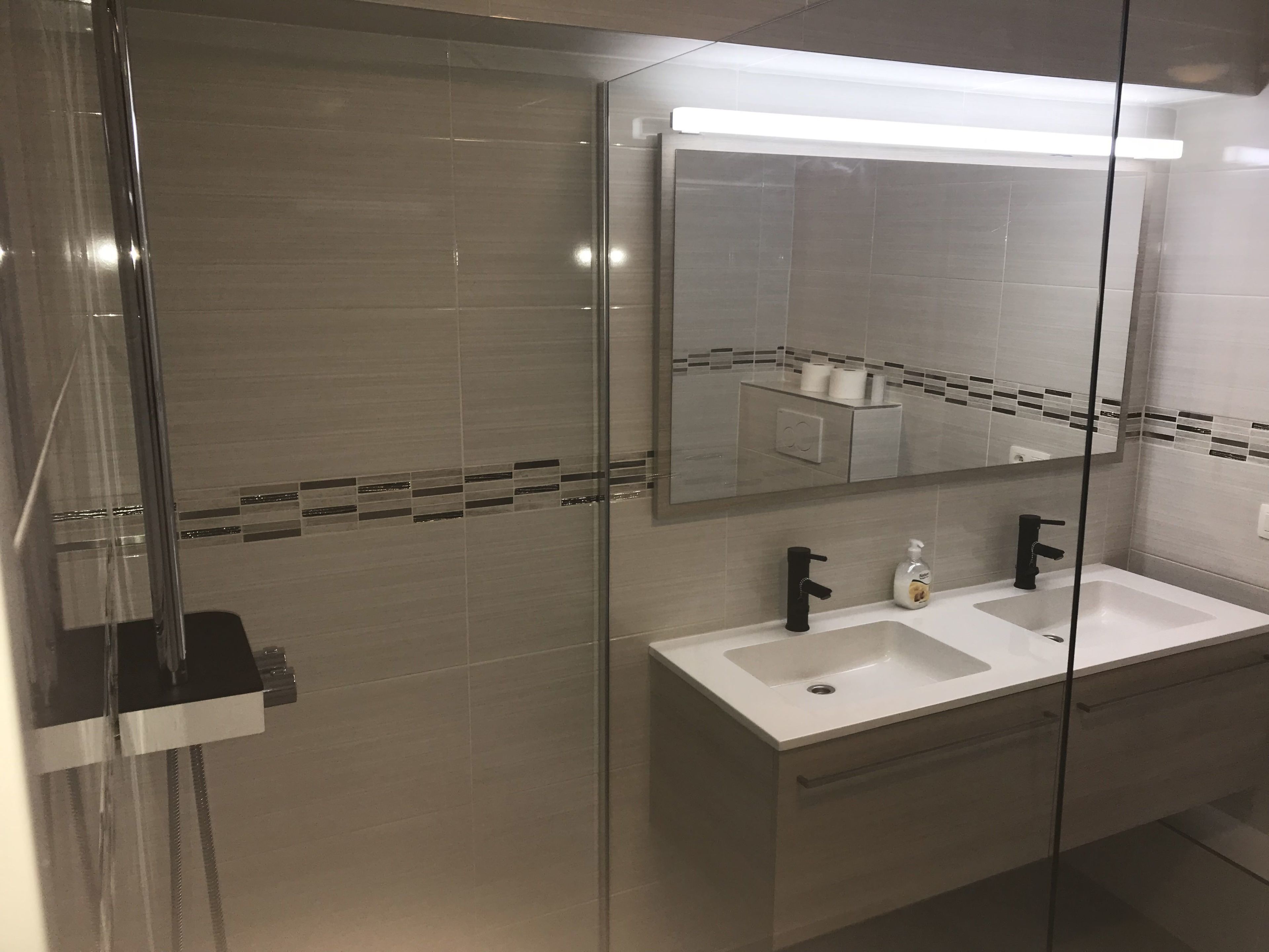 A modern bathroom with a glass shower enclosure, a white sink with a black faucet, and a mirror with a light above it.