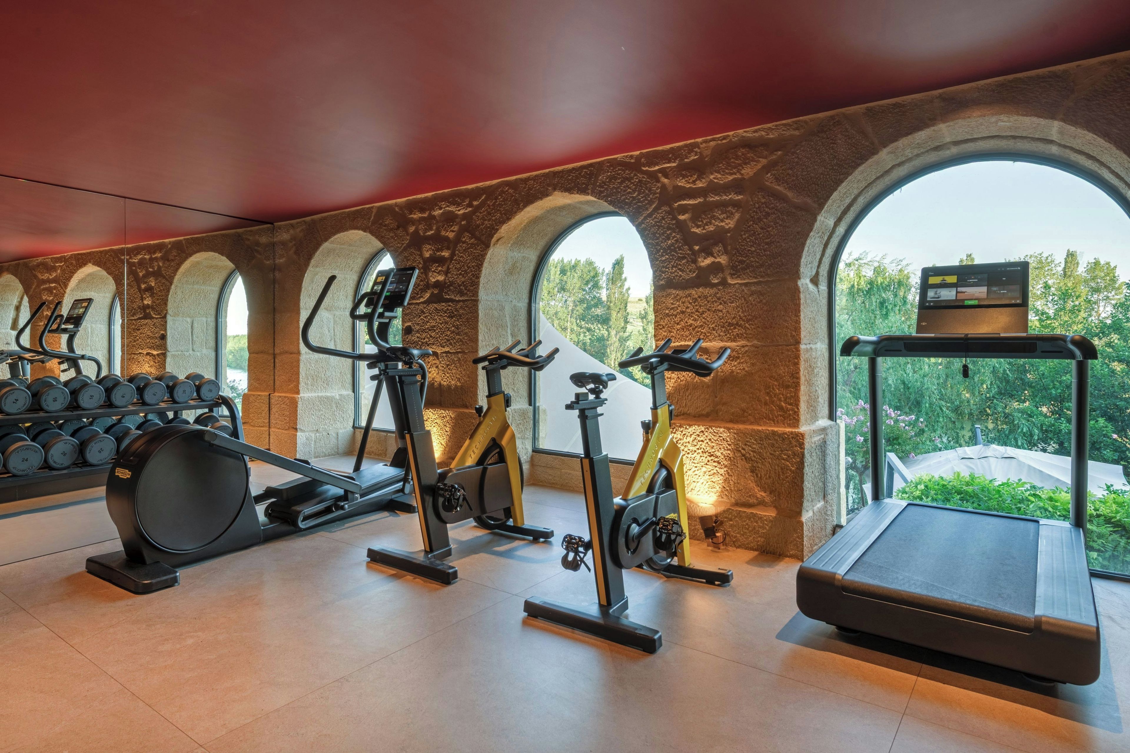 A gym with various exercise equipment, including treadmills, stationary bikes, and weight machines, with a view of greenery through large arched windows.