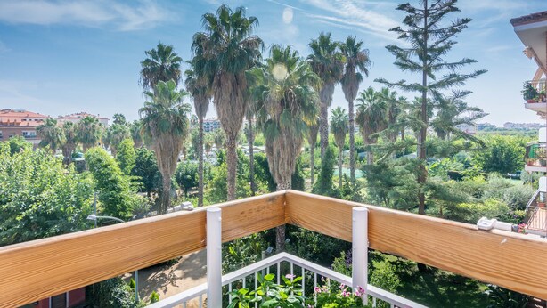 A balcony with a wooden railing overlooking a garden with palm trees and other greenery. - HomeHolidaysRentals Apartamento Amaral - Costa Barcelona (Pineda de Mar)