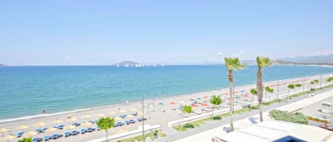 On the beach, sun loungers, beach umbrellas