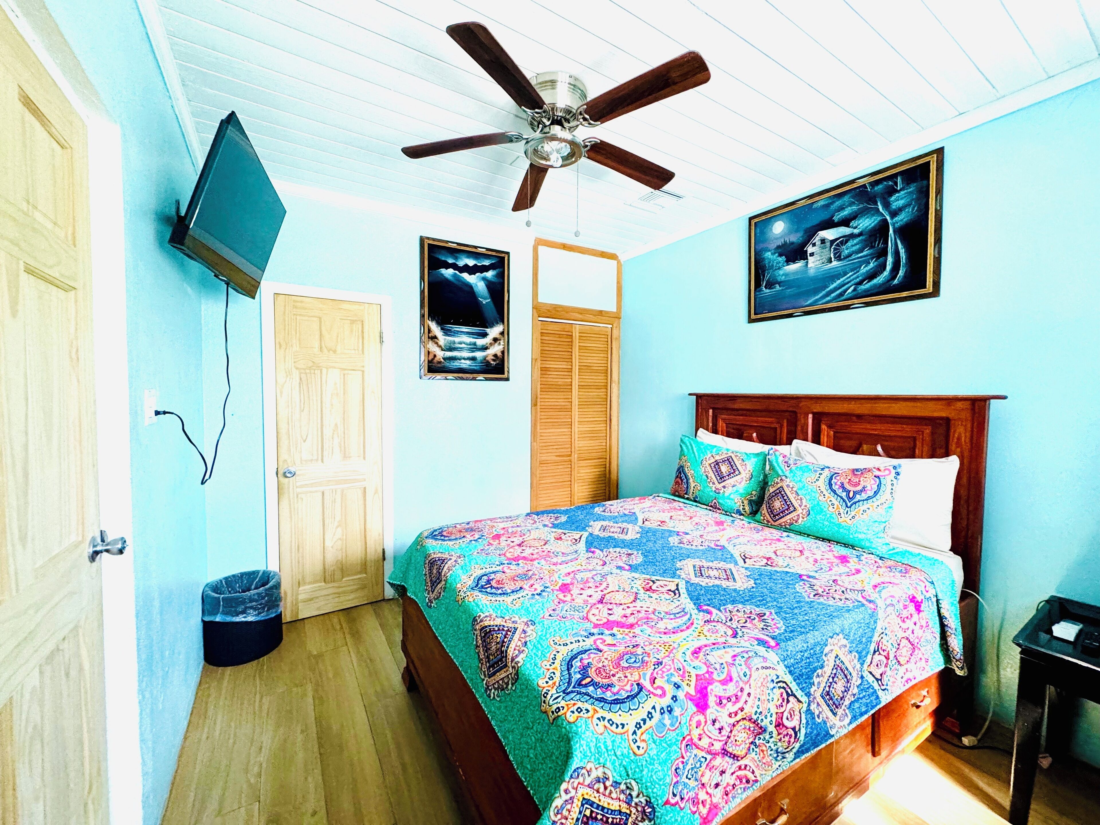 Un dormitorio con cama, ventilador de techo, televisor montado en la pared y una puerta.