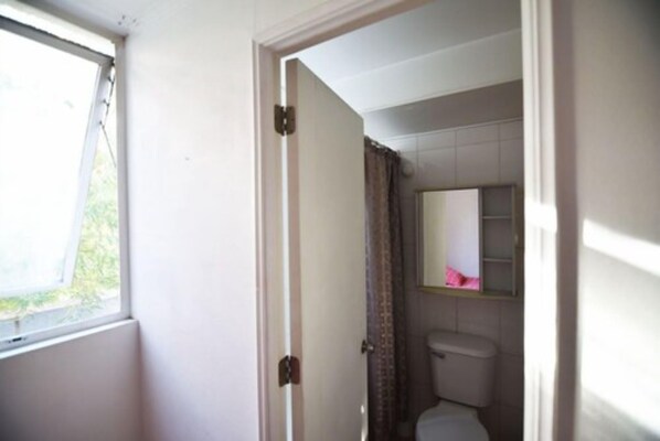 A bathroom with a toilet, a mirror, and a window. - Depto Santiago 965 (Santiago)