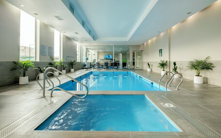 An indoor swimming pool with clear water, surrounded by potted plants, and a modern interior design.