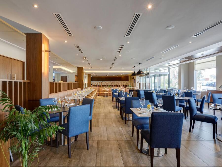 A modern restaurant with a long counter, blue upholstered chairs, and a wooden floor.