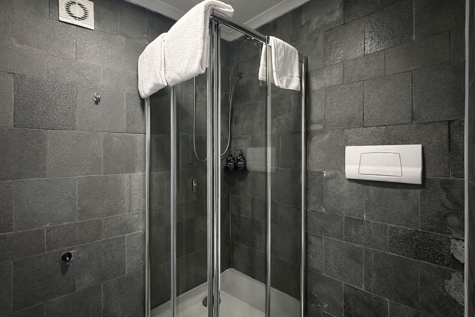 A glass-enclosed shower stall with a towel rack, a control panel, and a wall-mounted light switch.