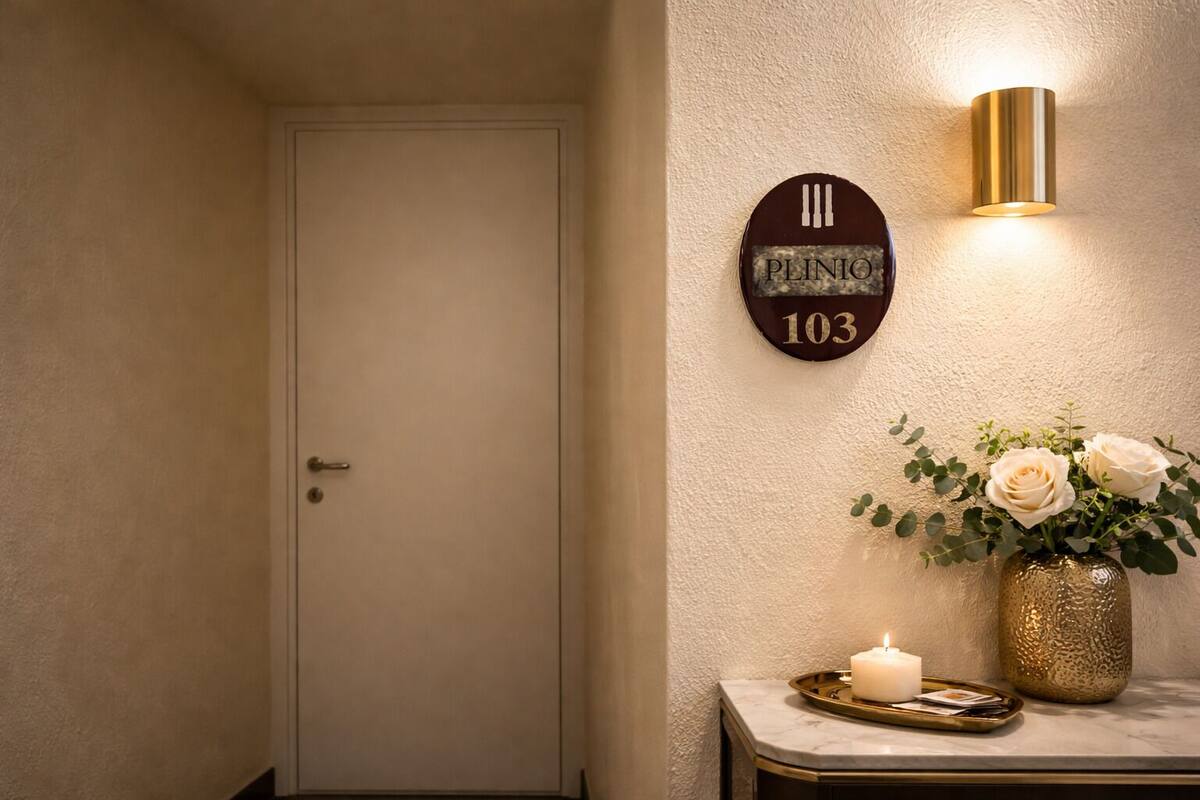 A door with a nameplate reading 'PLINIO 103' and a wall-mounted light fixture.