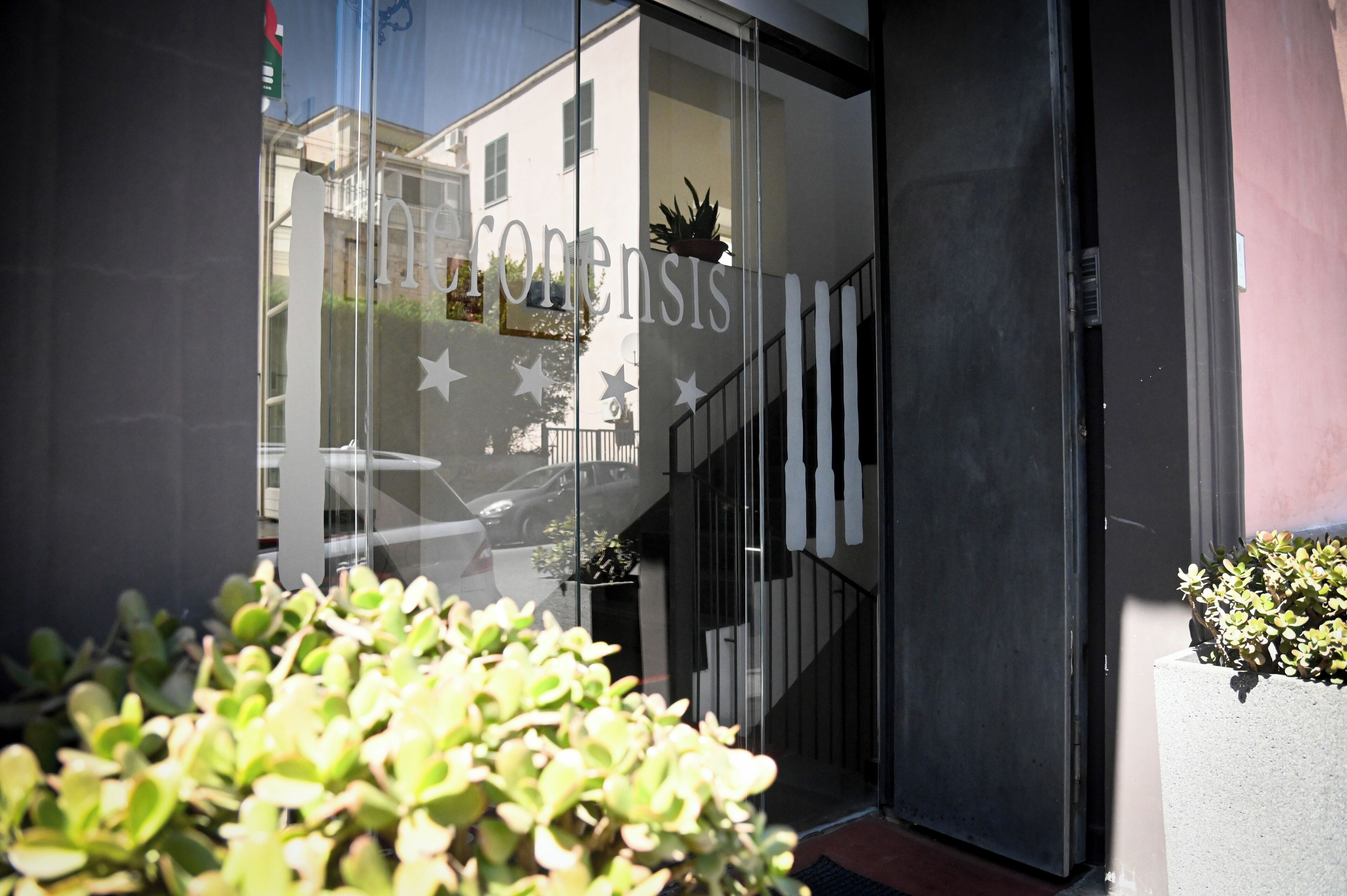 Una entrada moderna a un edificio con puertas de vidrio, una escalera visible y plantas en macetas.