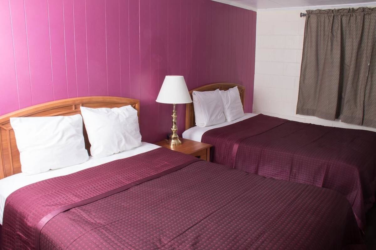 Une chambre double avec deux lits, chacun étant équipé de draps blancs et de couvertures violettes. Une table de chevet avec une lampe se trouve entre les deux lits.