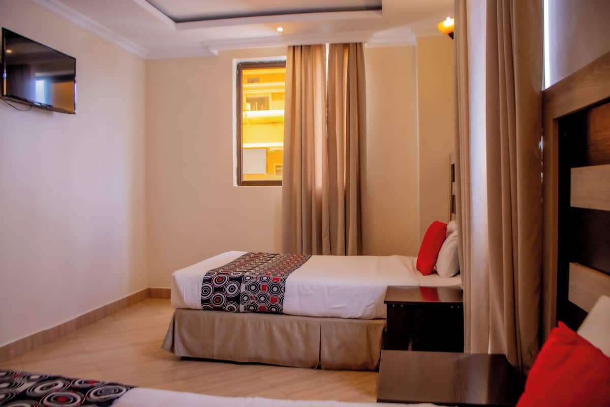 Une chambre d’hôtel avec un lit, une table de chevet, un téléviseur fixé au mur et une fenêtre avec des rideaux.