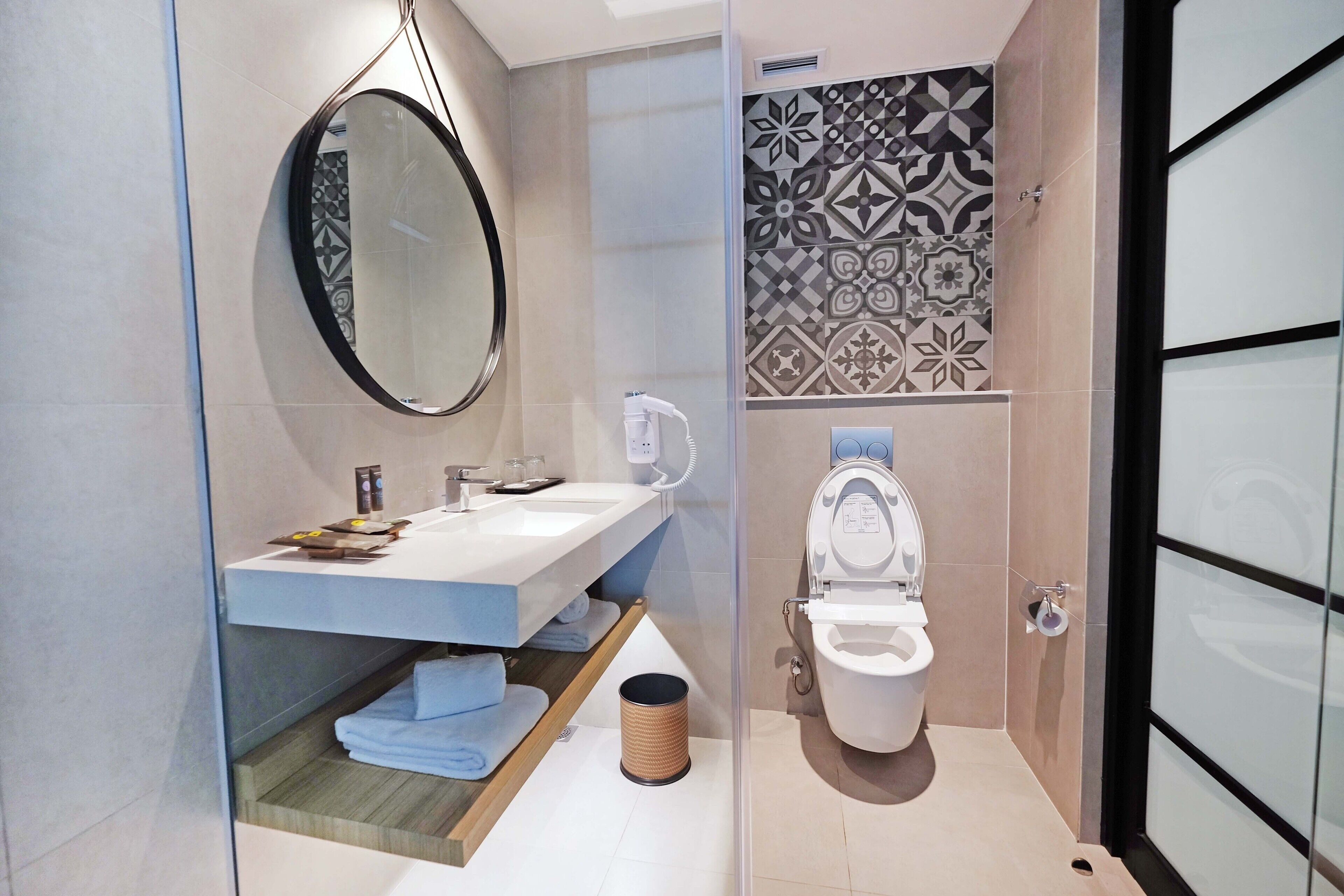 shower, eco-friendly toiletries, hair dryer, bathrobes