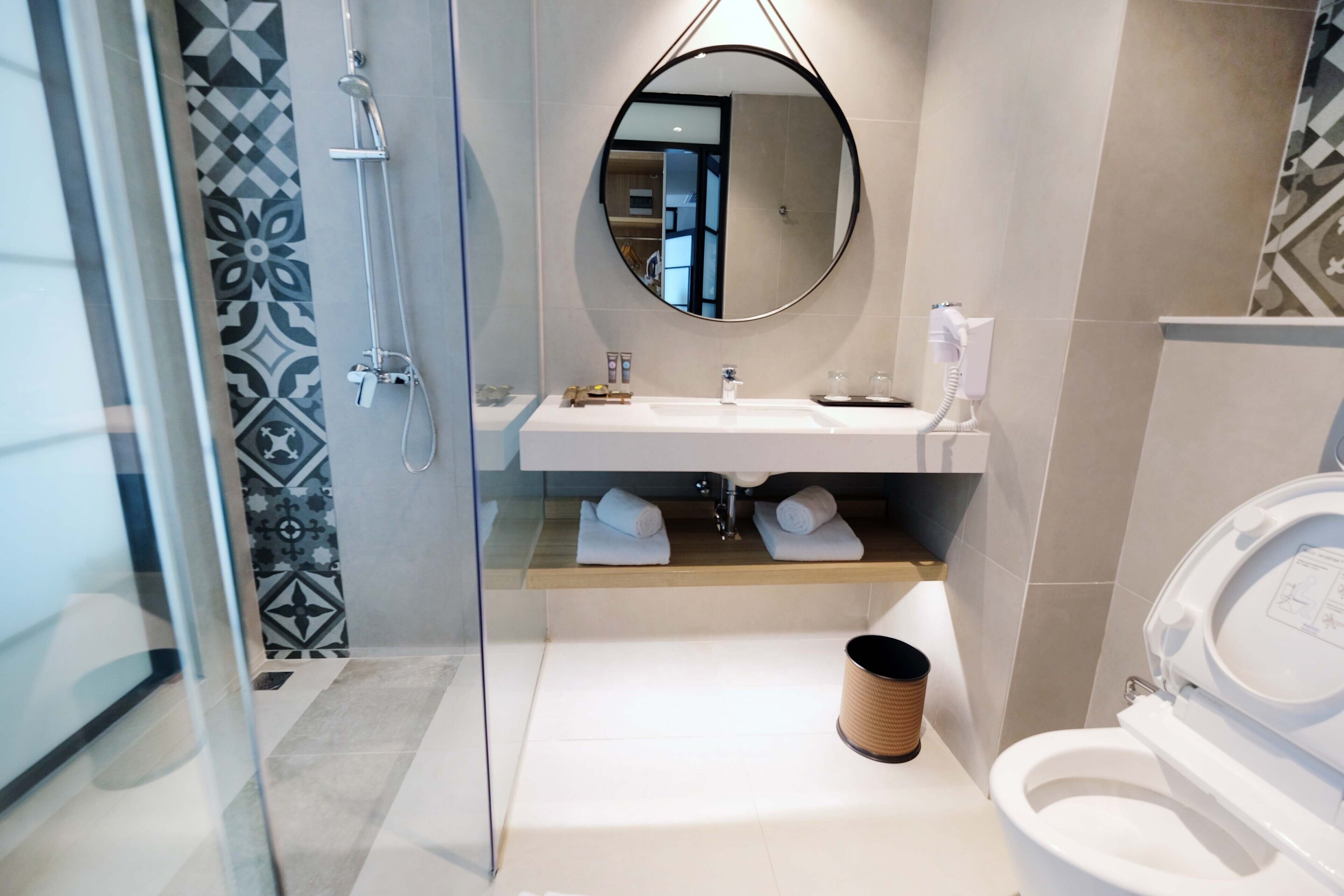 shower, eco-friendly toiletries, hair dryer, bathrobes