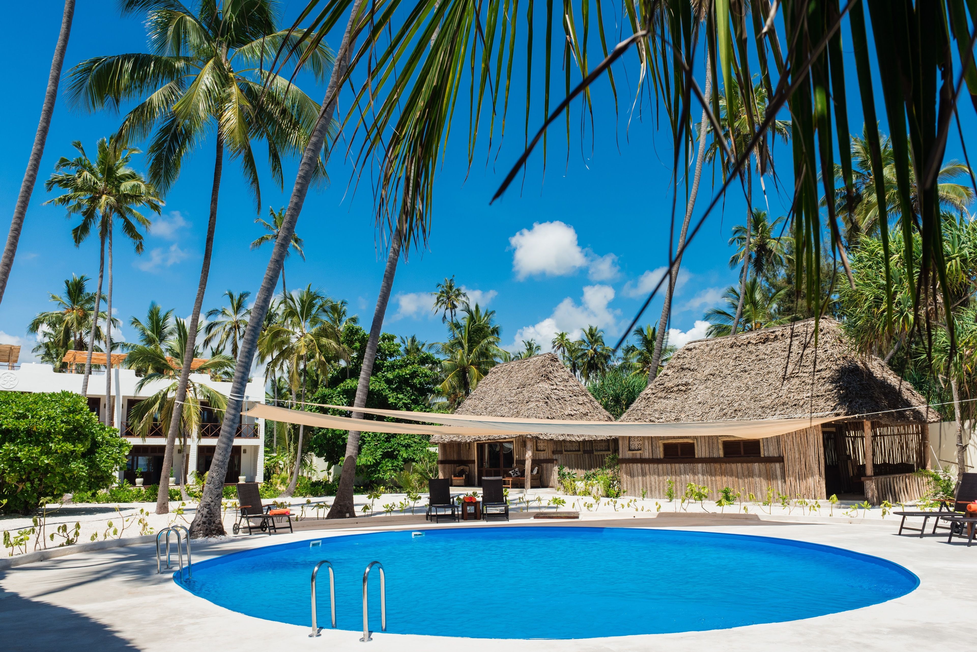 A pool surrounded by palm trees and thatched-roof huts, with clear blue skies.