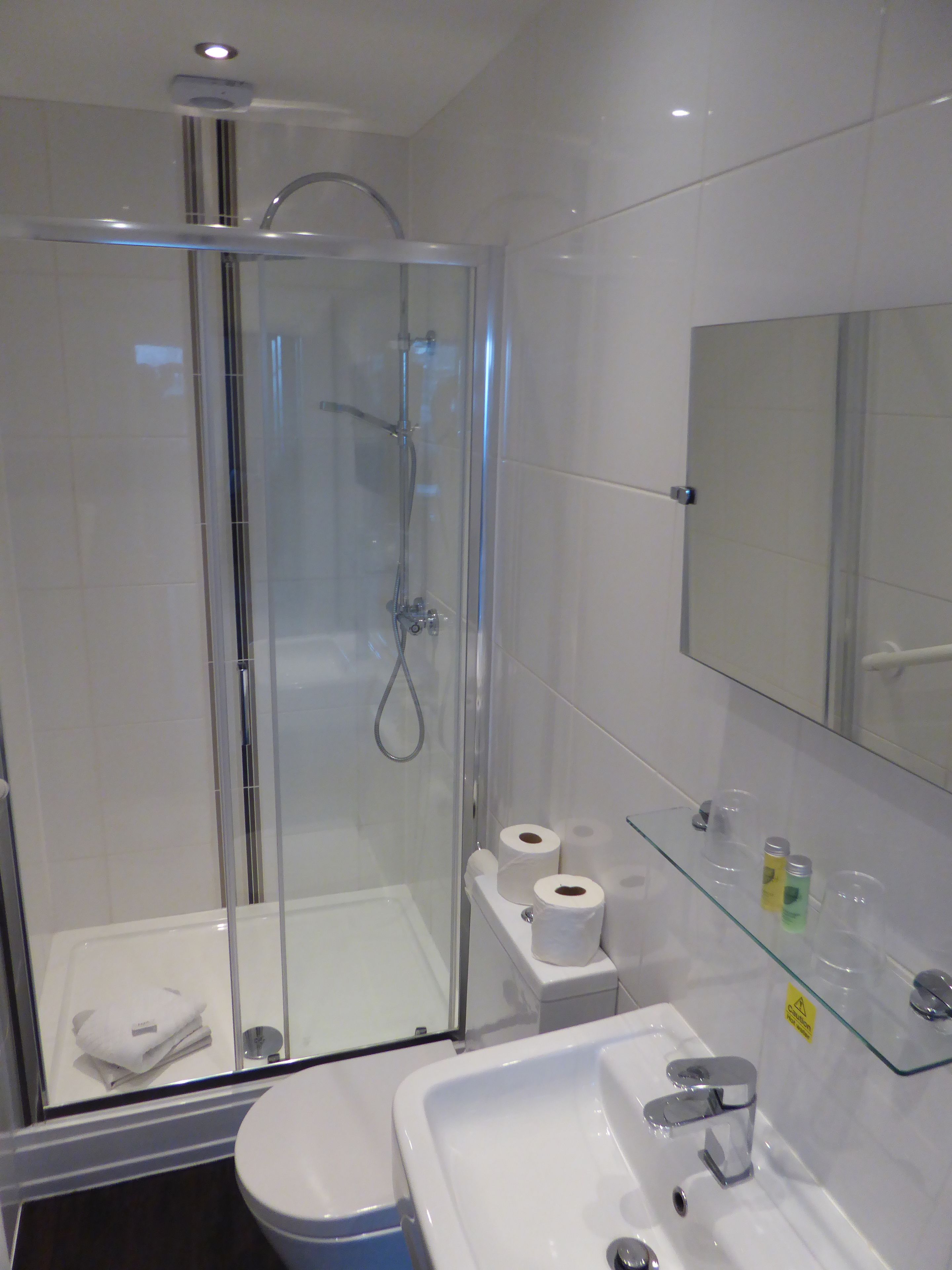 A modern bathroom with a glass-enclosed shower, a white sink, and a mirror above the sink.