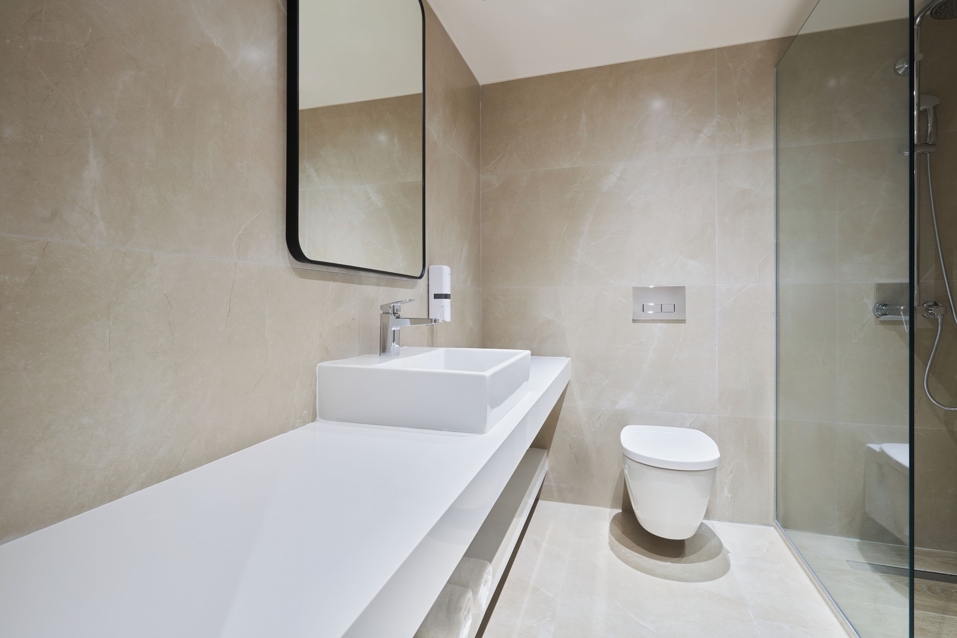 Shower, free toiletries, hair dryer, towels