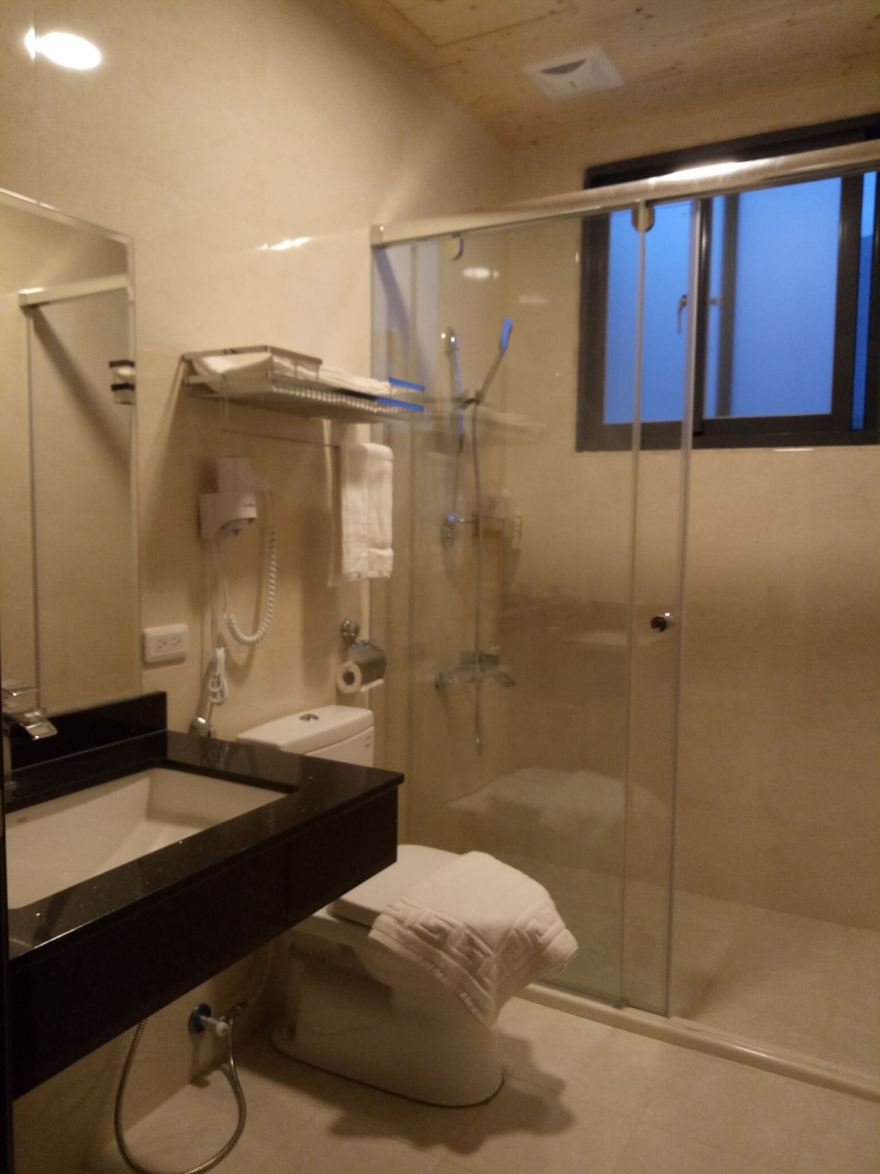A bathroom with a glass-enclosed shower, a sink with a black countertop, and a toilet.