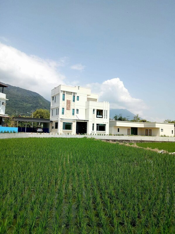 A modern two-story building with a flat roof, surrounded by a lush green field. - Lian Yuan B&B (Ji'an)