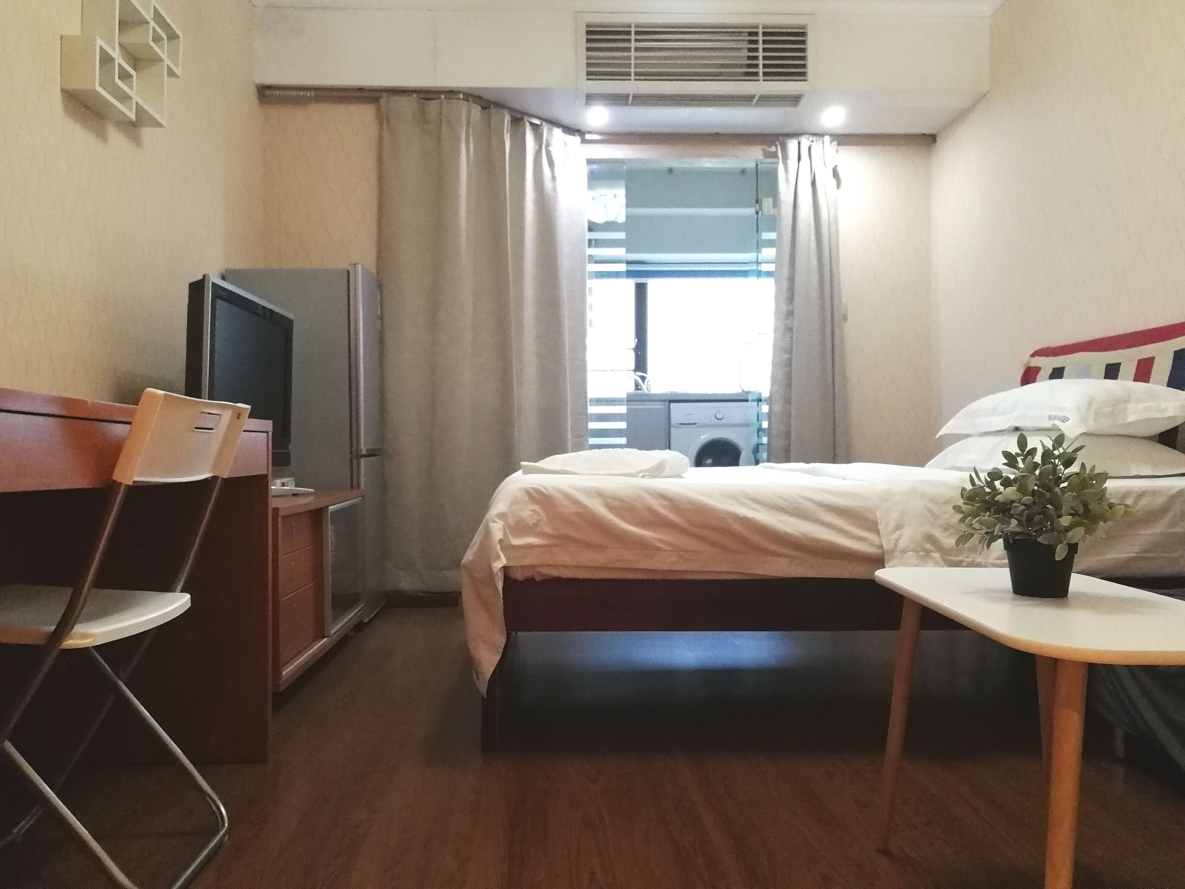 A compact hotel room with a bed, a small table, a chair, a television, and a potted plant.