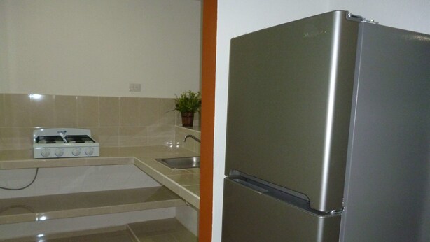 Una cocina con un refrigerador de acero inoxidable, un horno empotrado y un lavamanos.