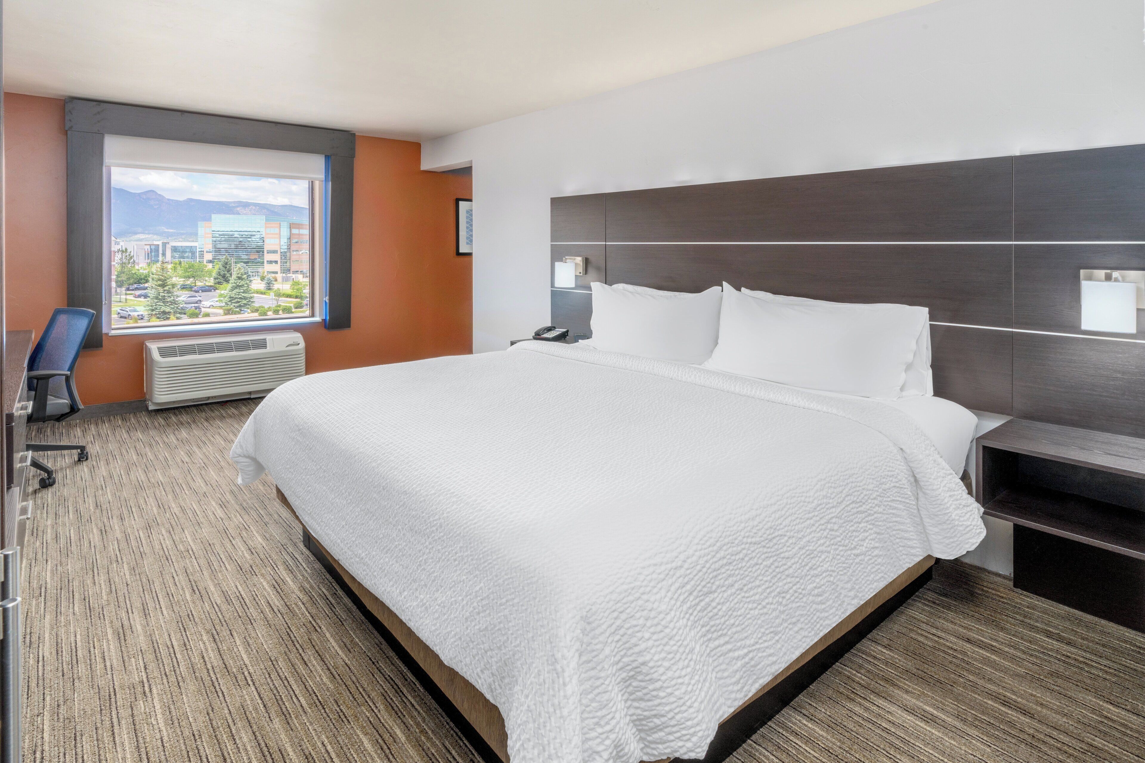 A hotel room with a large bed, a desk, a chair, a window with a city view, and a wall-mounted heater.