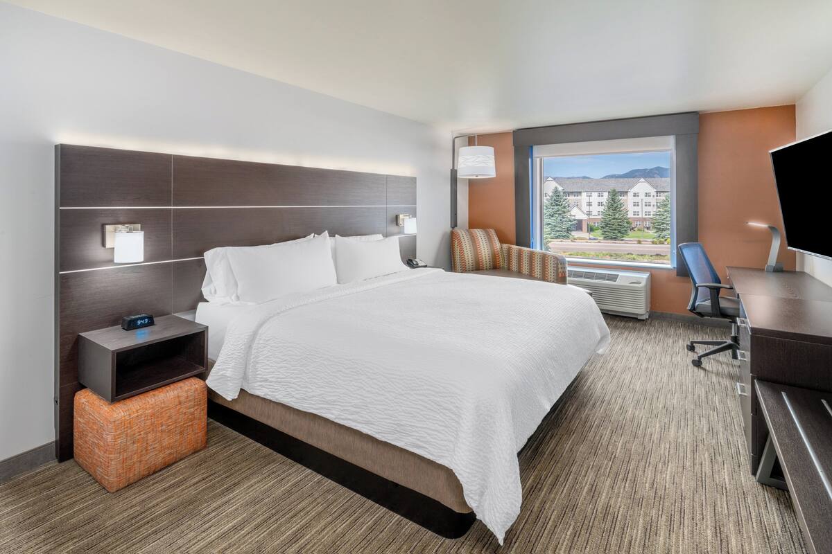 A hotel room with a large bed, a desk, a chair, a TV, and a window with a view of buildings and trees.