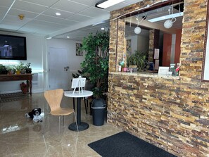 A reception area with a stone wall, a reception desk, a potted plant, a TV mounted on the wall, and a dog sitting on the floor.
