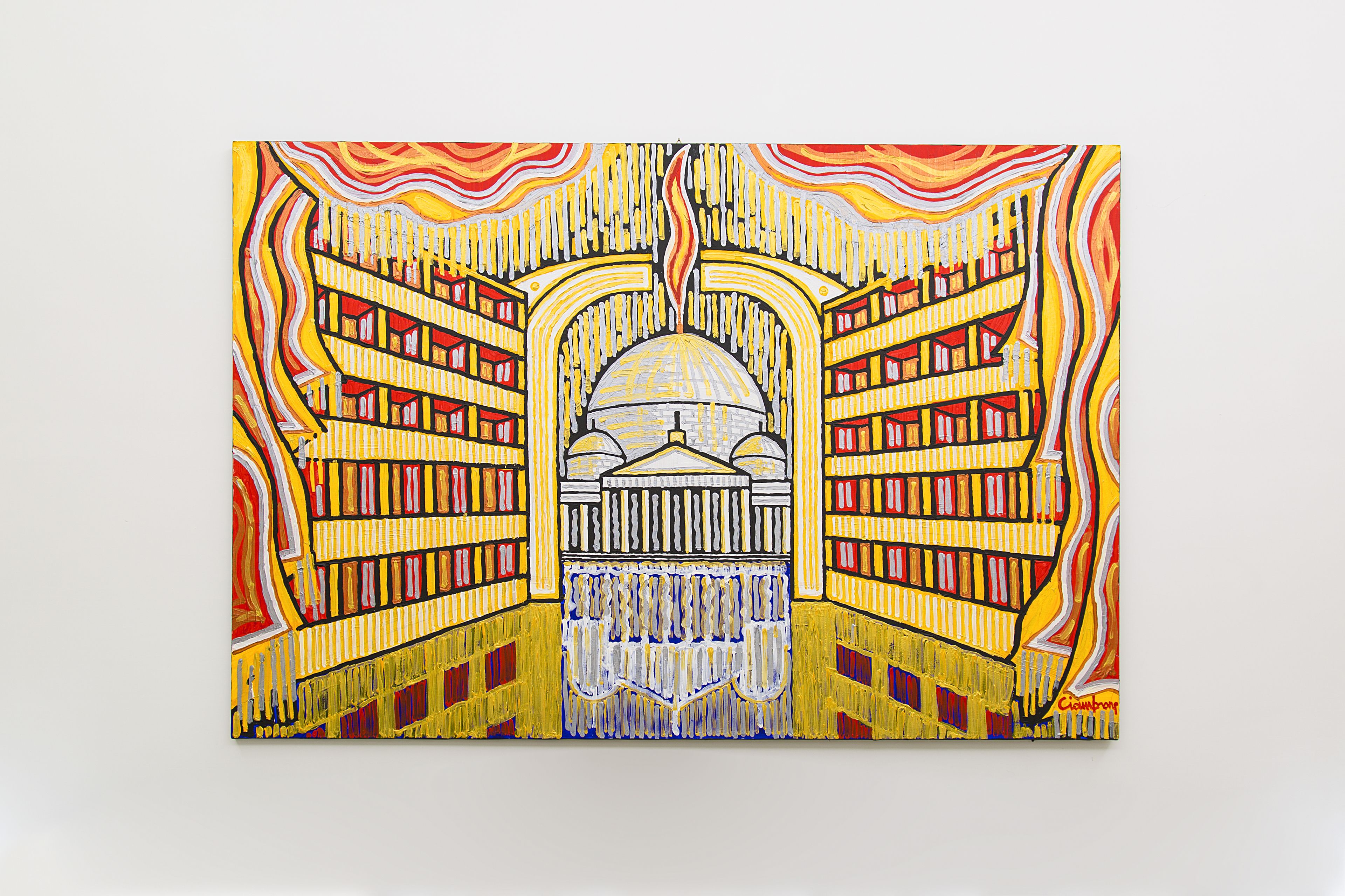 Una pintura vibrante de una biblioteca con estanterías y una estructura cúpula central.