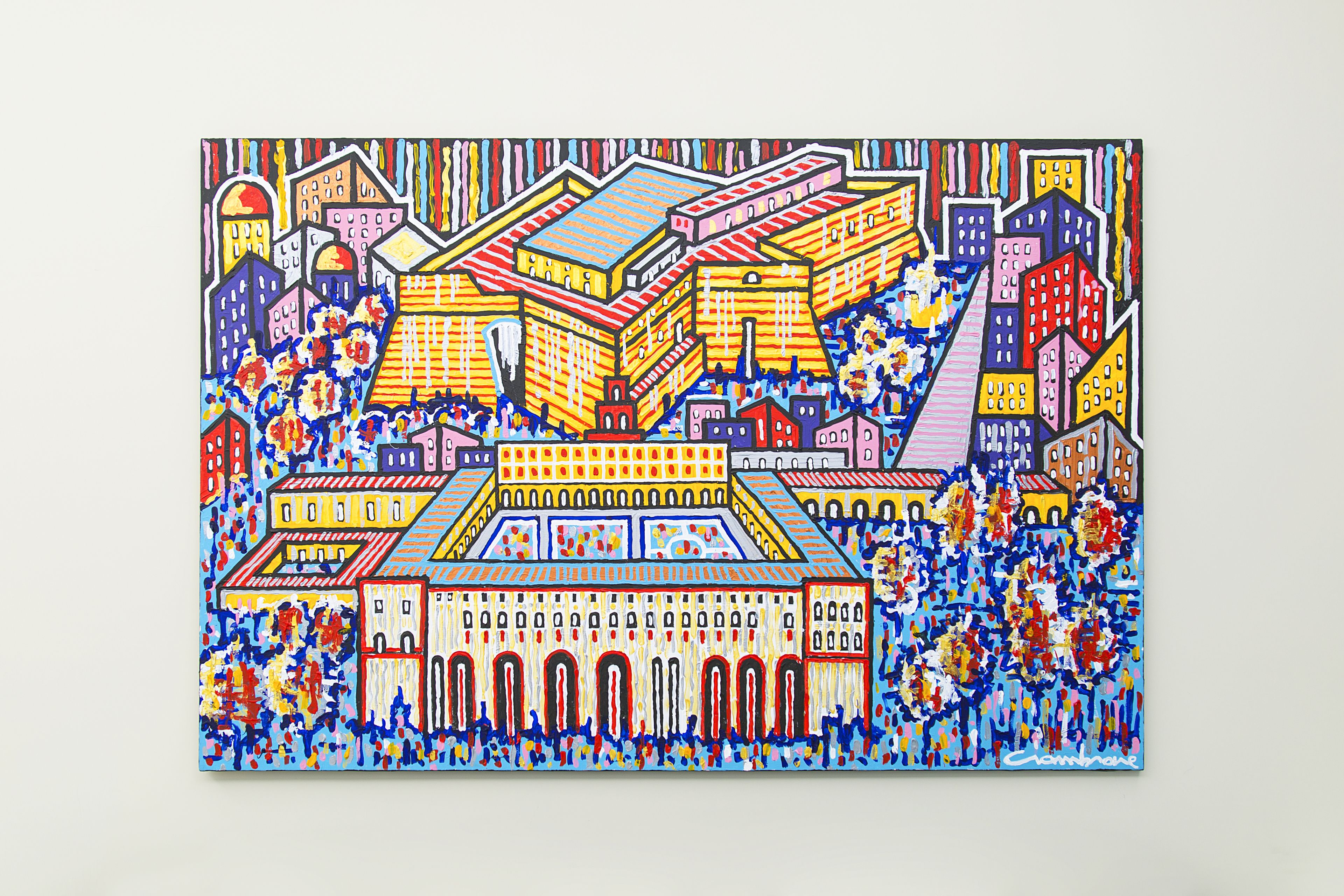 A colorful abstract painting of a cityscape with buildings and people.
