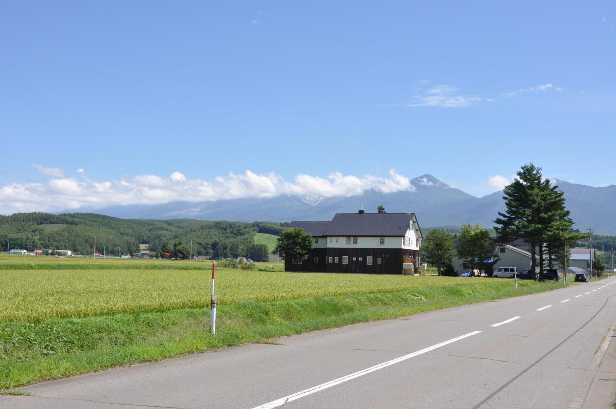 Une route de campagne bordée d’une maison, avec un champ et des montagnes en arrière-plan.