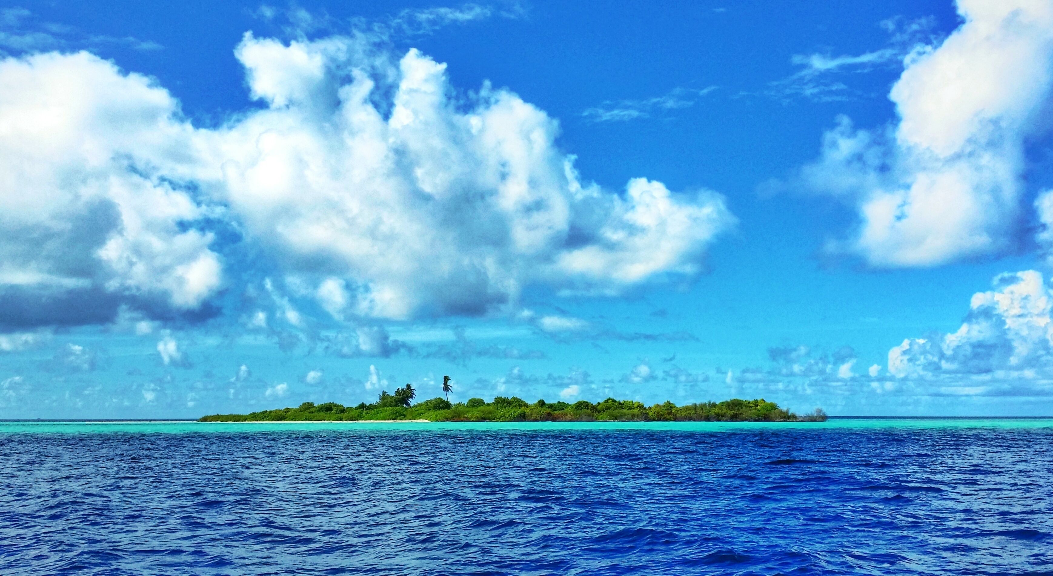 A tropical island with a clear blue sky and calm sea.
