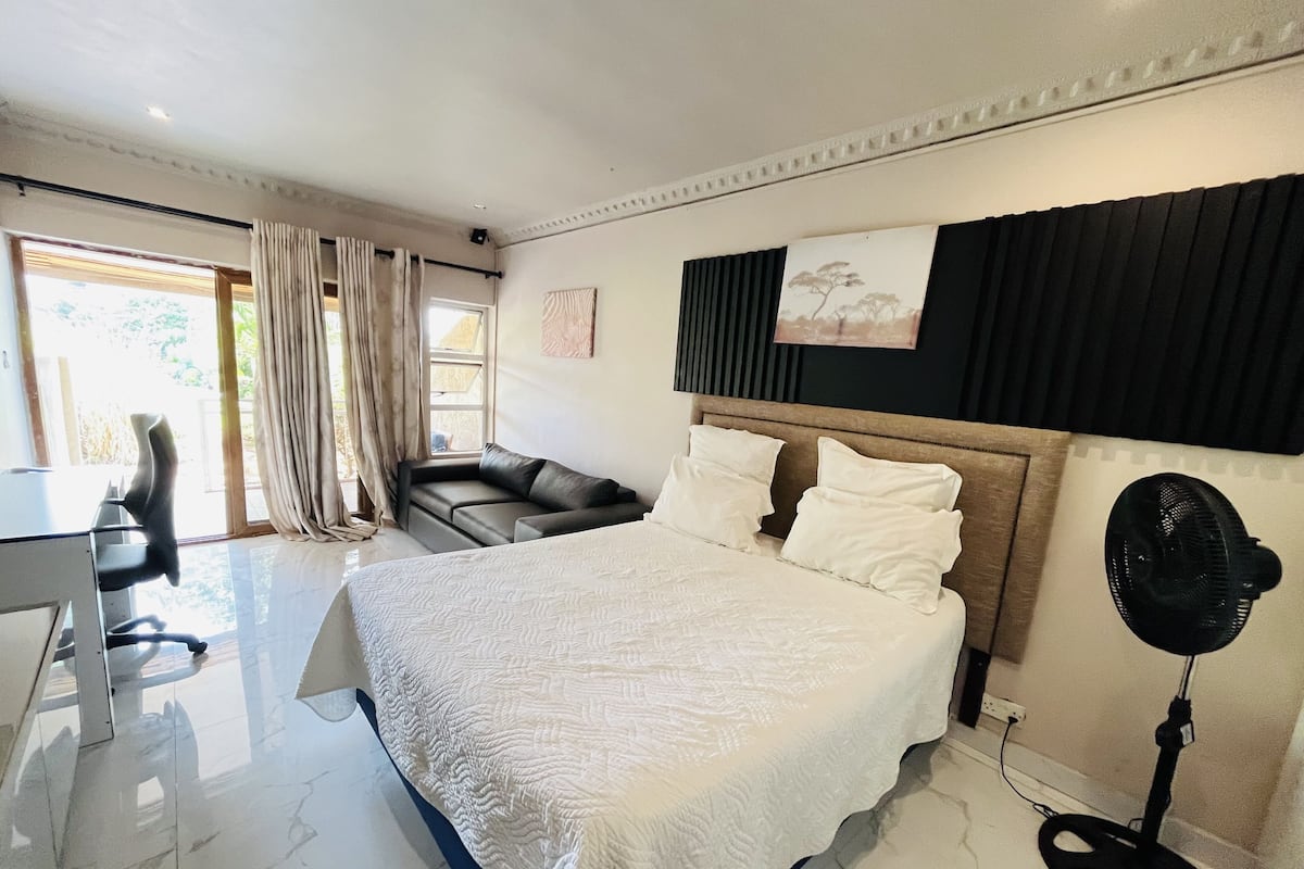 Individually furnished, desk, laptop workspace, blackout curtains