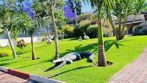 A landscaped garden with a crocodile statue, palm trees, and a variety of other plants. - Highlands Lodges and Apartments (Harare)