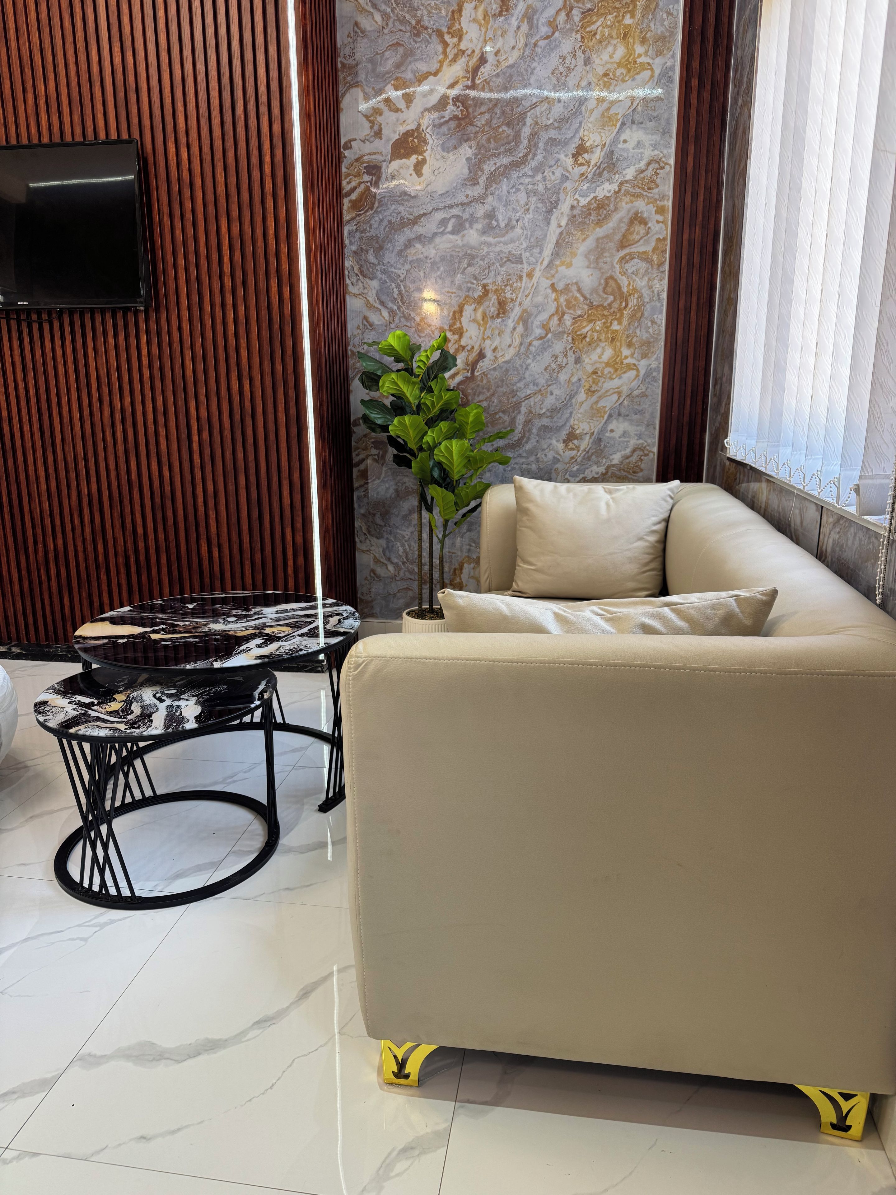 A modern living room with a sofa, a marble coffee table, a television mounted on a wooden wall, and a potted plant.