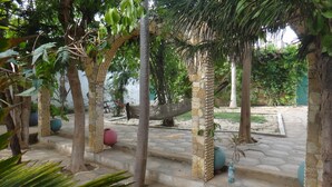 A courtyard with stone flooring, palm trees, and a hammock. - Hotel Mimosa - Hostel (Toubab Dialao)