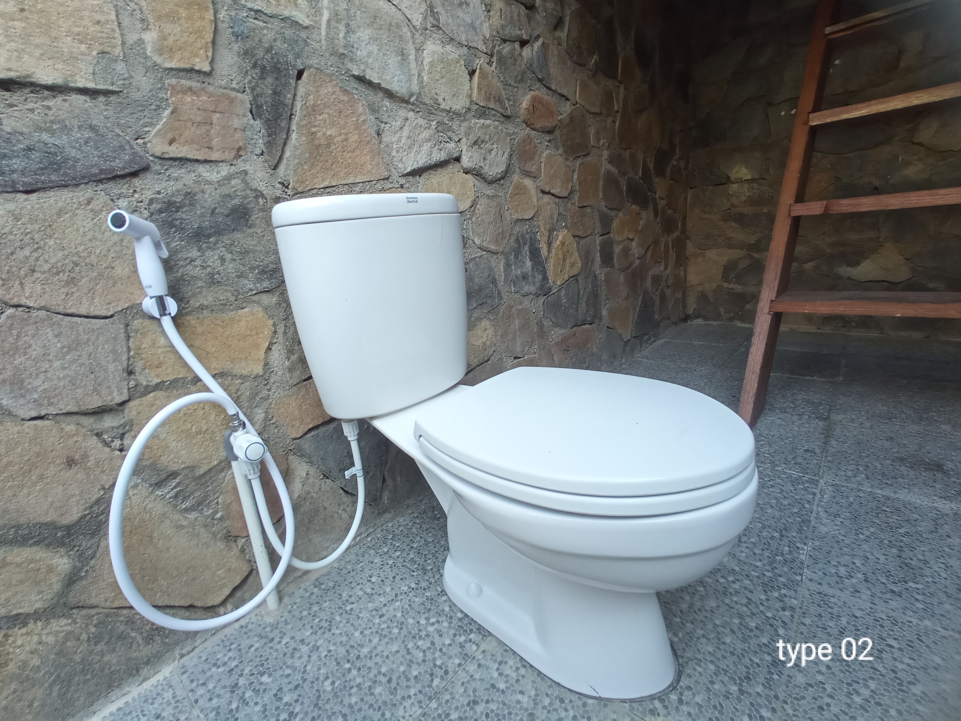 A white toilet with a hose attached, set against a stone wall, with a wooden ladder nearby.