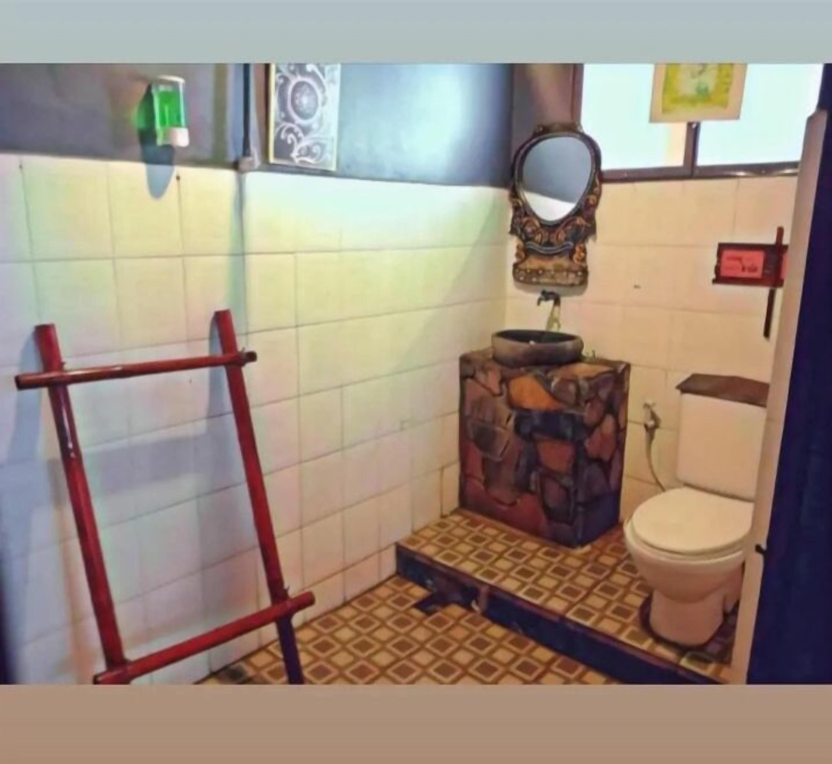 A small bathroom with a toilet, a sink with a decorative basin, a mirror, and a red ladder leaning against the wall.