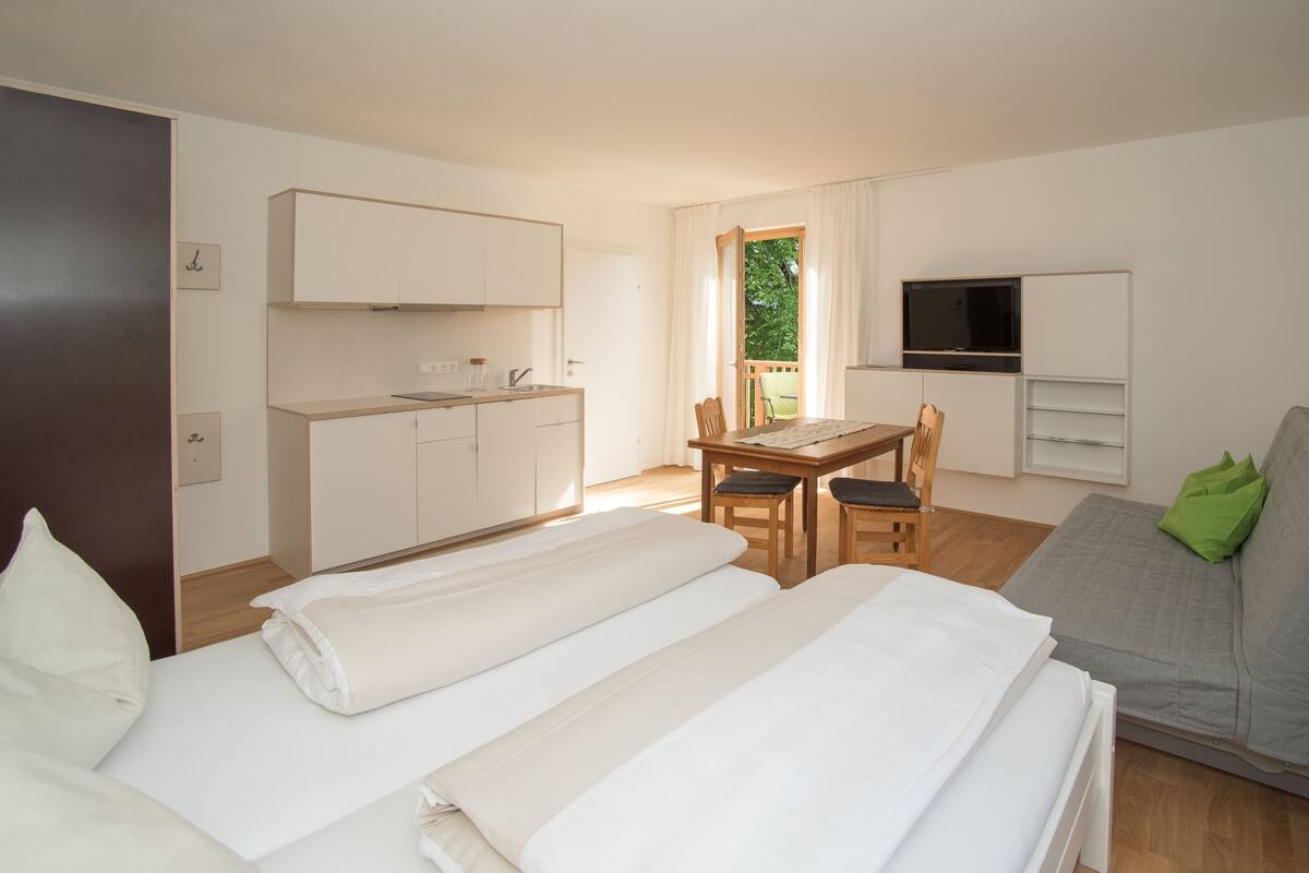 Ein modernes Hotelzimmer mit Küchenzeile, Essbereich, Fernseher und einer Couch.